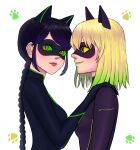  2girls animal_ears black_bodysuit black_hair black_mask blonde_hair bodysuit braid cat_ears cat_girl closed_mouth gongonsrr green_eyes highres kitty_noir long_hair marinette_dupain-cheng mask miraculous_ladybug multiple_girls simple_background single_braid slit_pupils smile superhero_costume upper_body white_background yellow_eyes zoe_lee 