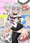  2girls @_@ between_breasts blonde_hair blush breasts closed_eyes collarbone commentary_request dated embarrassed fletcher_(kancolle) gift glasses grey_hair heart heywood_l._edwards_(kancolle) highres kantai_collection long_hair looking_at_viewer medium_breasts multiple_girls open_mouth pointing pushing_away school_uniform senon thighhighs valentine 