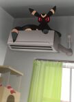  air_conditioner creature curtains english_commentary full_body glowing glowing_eyes indoors looking_at_viewer nagasaki_wonderful no_humans plug pokemon pokemon_(creature) red_eyes sitting solo umbreon window 