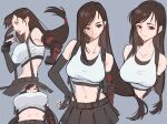  1girl bare_shoulders black_hair black_skirt breasts crop_top elbow_gloves final_fantasy final_fantasy_vii final_fantasy_vii_rebirth final_fantasy_vii_remake fingerless_gloves gloves large_breasts long_hair looking_at_viewer low-tied_long_hair navel ota_(ota-0000) red_eyes skirt smile tank_top tifa_lockhart upper_body 