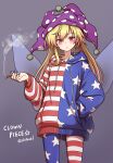  1girl adapted_costume american_flag_hoodie american_flag_legwear artist_name blonde_hair blue_nails character_name cigarette clownpiece highres holding holding_cigarette long_hair looking_at_viewer purple_background red_eyes shitacemayo smoking solo touhou 