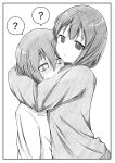  2girls ? azuminonomizua bags_under_eyes blush border greyscale hair_between_eyes hatching hatching_(texture) highres hug kuroki_tomoko linear_hatching long_sleeves looking_at_viewer low_twintails monochrome multiple_girls short_twintails spoken_question_mark sweatdrop tamura_yuri twintails watashi_ga_motenai_no_wa_dou_kangaetemo_omaera_ga_warui! yuri 