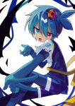  1boy absurdres blue_eyes blue_hair blush bug heterochromia highres ladybug looking_at_viewer offbeat open_mouth puyopuyo red_eyes short_hair short_sleeves sig_(puyopuyo) smile solo v 