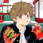  1boy blush brown_eyes brown_hair burger cola fast_food food gakuran ganbare!_nakamura-kun!! hirose_aiki holding looking_at_viewer lowres male_focus parted_lips pixel_art retro_artstyle school_uniform shundei_(enig) sitting 