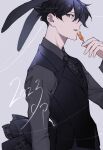  1boy animal_ears black_hair black_necktie black_shirt chinese_zodiac from_side happy_new_year holding hua_(supa_jopa) necktie nengajou new_year original parted_lips rabbit_ears shirt suit upper_body vest year_of_the_rabbit 