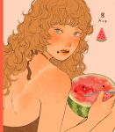  1girl bare_shoulders blonde_hair blue_eyes brown_hair dated english_commentary food food_on_face freckles from_behind fruit highres holding long_hair looking_at_viewer looking_back mole mole_under_mouth original parted_lips satou_sugar18 simple_background solo spoon tan tanlines upper_body watermelon 