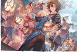  1boy 3boys 3girls absurdly_long_hair ahoge animal_ears apron bishounen blonde_hair blue_apron blue_eyes blue_hair blue_sky boots bow bowtie bracelet brown_hair brown_pants chandelier cloud cloudy_sky coffee cowboy_shot curly_hair denim dress dress_shirt drinking erune ferry_(granblue_fantasy) fox_ears frilled_dress frilled_sleeves frills from_behind fugee_(granblue_fantasy) geegee_(granblue_fantasy) ghost granblue_fantasy grey_hair hair_between_eyes hair_ribbon head_wings holding holding_tray jeans jewelry kettle kitchen_knife ladiva latte_art light_particles light_smile long_hair looking_at_viewer low_ponytail lucifer_(shingeki_no_bahamut) maid_apron malinda_(shingeki_no_bahamut) messy_hair minaba_hideo multiple_boys multiple_girls naoise nicola_(granblue_fantasy) official_alternate_costume official_art on_chair one_eye_closed pants pantyhose pointy_ears red_eyes ribbon roller_skates sandalphon_(granblue_fantasy) scarf scathacha_(granblue_fantasy) shingeki_no_bahamut shirt skates skirt sky smile sparkling_eyes striped_clothes sweater table tray vampy very_long_hair window wings yellow_eyes 