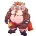 2024 another_eidos_of_dragon_vein_r anthro belly big_belly bottomwear canid canine canis chabeau clothing domestic_dog hi_res humanoid_hands kemono male mammal moobs nipples overweight overweight_male pants simple_background solo suishou0602 white_background