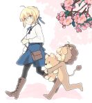  2girls 87banana ahoge animal_costume artoria_pendragon_(fate) bag blonde_hair blouse blue_skirt boots bow check_commentary cherry_blossoms cherry_tree commentary_request cross-laced_footwear fate_(series) green_eyes hair_bow handbag lace-up_boots lion_costume lion_tail multiple_girls saber_(fate) saber_lion shirt skirt stuffed_animal stuffed_lion stuffed_toy tail white_shirt 