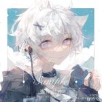  1boy animal_collar animal_ears bandaid bandaid_on_cheek bandaid_on_face bcy_username bell bishounen black_collar black_jacket black_sleeves blue_sky border cat_ears chinese_commentary closed_mouth cloud collar collared_shirt commentary_request dajiu_gu earbuds earphones expressionless hair_ornament highres holding holding_earphones jacket light_particles long_sleeves looking_at_viewer male_focus mountainous_horizon neck_bell open_clothes open_jacket original outdoors outside_border purple_eyes sample_watermark shirt short_hair sky solo upper_body watermark weibo_logo weibo_username white_border white_hair white_shirt x_hair_ornament 