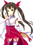 blush brown_hair character_request codec007 conception:_ore_no_kodomo_wo_undekure! detached_sleeves hair_twirling japanese_clothes long_hair miko playing_with_own_hair red_eyes simple_background solo thighhighs twintails white_background white_legwear 