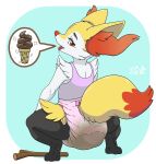 ambiguous_gender anthro bodily_fluids bracelet braixen clothed clothing crouching dessert diaper feces food fruit full-length_portrait furgonomics generation_6_pokemon heart_clothing heart_diaper heart_symbol heart_underwear hi_res ice_cream jewelry looking_at_viewer looking_back looking_back_at_viewer messing_diaper messy_diaper nintendo nut_(fruit) pictographics plant pokemon pokemon_(species) pooping portrait rear_view saliva saliva_string scat shirt simple_background soiled_diaper soiling soiling_diaper solo stargal_galexi stick tank_top tongue tongue_out topwear underwear wearing_diaper