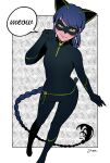  1girl animal_ears black_bodysuit black_mask blue_hair bodysuit braid cat_ears cat_girl closed_mouth green_eyes hibidaikansya2 lady_noir looking_at_viewer marinette_dupain-cheng mask miraculous_ladybug paw_pose single_braid slit_pupils smile solo superhero_costume 