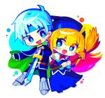  1boy 1girl blonde_hair blue_eyes blue_gloves broom chibi fingerless_gloves gloves grey_hair highres holding holding_broom holding_sword holding_weapon long_hair looking_at_another offbeat puyopuyo schezo_wegey short_hair simple_background sword weapon white_background witch_(puyopuyo) 