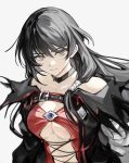  1girl back_hair bare_shoulders belt black_hair black_jacket breasts center_cross_lace cleavage cross-laced_clothes highres jacket off-shoulder_jacket off_shoulder red_shirt revealing_clothes shirt simple_background solo tales_of_(series) tales_of_berseria tiyi_(tiyi_a09) upper_body velvet_crowe white_background yellow_eyes 