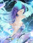  1girl armpits aura back backless_dress backless_outfit bare_shoulders belt blue_background blue_fire blue_hair breasts brighid_(xenoblade) closed_eyes commentary_request dress facial_mark fiery_hair fire highres large_breasts long_hair multicolored_hair parted_lips purple_hair solo two-tone_hair ui_frara xenoblade_chronicles_(series) xenoblade_chronicles_2 
