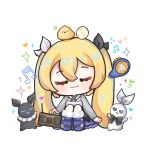  127 1girl bao_bao_(dokibird) blonde_hair blue_footwear blue_skirt boombox boots chibi closed_eyes closed_mouth dokibird_(vtuber) dragoon_(dokibird) egg full_body heart highres indie_virtual_youtuber jacket mei_mei_(dokibird) musical_note simple_background sitting skirt smile solo virtual_youtuber white_background white_jacket 