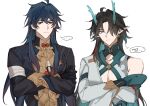  2boys 77muya aqua_eyes aqua_horns black_hair blade_(honkai:_star_rail) closed_mouth clothing_cutout cosplay costume_switch crossed_arms dan_heng_(honkai:_star_rail) dan_heng_(imbibitor_lunae)_(honkai:_star_rail) detached_sleeves earrings hair_over_one_eye honkai:_star_rail honkai_(series) horns jewelry long_hair long_sleeves male_focus multiple_boys pointy_ears red_eyes shirt simple_background white_background 