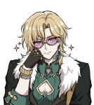  1boy artist_name aventurine_(honkai:_star_rail) black_collar black_gloves black_jacket blonde_hair bracelet cleavage_cutout closed_mouth clothing_cutout collar collared_shirt commentary earrings english_commentary fur-trimmed_jacket fur_trim glasses gloves green_shirt hair_between_eyes hand_up highres honkai:_star_rail honkai_(series) jacket jewelry long_sleeves looking_at_viewer male_focus multiple_rings neck_tattoo nirvelia open_clothes open_jacket parted_bangs purple-tinted_eyewear purple_eyes ring shirt short_hair simple_background single_earring sleeve_cuffs smile solo sparkle tattoo tinted_eyewear upper_body white_background wing_collar 
