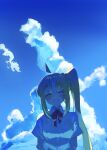  1girl ahoge blue_sky blush bocchi_the_rock! braid cloud commentary detached_ahoge grin hashtag_only_commentary highres ijichi_nijika long_hair one_eye_closed school_uniform side_ponytail sidelocks sky smile solo takopi15 upper_body wet wet_clothes 