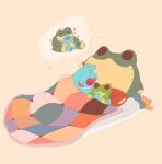 2022 anthro bed bed_sheet bedding blue_body blue_fur blue_hair blush bugsnax digital_media_(artwork) dream eyes_closed filbo_fiddlepie frog_plushie fur furniture grumpus hair happy heart_symbol hi_res hug hugging_from_behind hugging_plushie lying lying_on_bed male on_bed on_side pillow plushie red_nose shaibey smile solo teeth thought_bubble under_covers young_horses
