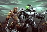  2boys artist_name bionicle cloud dual_wielding glowing glowing_eyes green_eyes highres holding holding_polearm holding_sword holding_weapon jaller_(bionicle) kanohi_(bionicle) male_focus mask multiple_boys polearm prog_ares rahkshi_(bionicle) rahkshi_of_heat_vision red_eyes sky spear spikes standing sword takanuva_(bionicle) the_lego_group weapon 