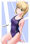  ahoge artoria_pendragon_(all) blonde_hair competition_swimsuit fate/zero fate_(series) green_eyes highres one-piece_swimsuit ponytail saber solo swimsuit wa_(genryusui) 