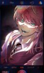  1boy biting ear_piercing evil_grin evil_smile green_eyes grin highres male_focus parted_lips photo_(medium) piercing pill pink_hair pink_shirt scar scar_on_face shirt sikinen44 smile suit tokyo_revengers vest wolf_cut 