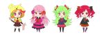  +_+ 4girls :3 :p animal_ear_headwear black_bow black_socks black_suit black_thighhighs blush_stickers bow bowtie braid capelet charlotte_(witch&#039;s_heart) chibi dress drill_hair gloves green_bow green_hair hair_bow hair_ornament hair_ribbon hand_on_own_chest hand_on_own_chin holding holding_scissors jitome leg_up lime_(witch&#039;s_heart) long_hair moon-realm multiple_girls necktie orange_footwear orange_hair pink_bow pink_dress pink_eyes pink_footwear pink_gloves pink_hair pink_ribbon plaid plaid_bow plaid_necktie plaid_skirt pleated_skirt puffy_short_sleeves puffy_sleeves red_bow red_bowtie red_eyes red_footwear red_hair red_ribbon red_shirt red_skirt ribbon rouge_(witch&#039;s_heart) scissors shirt short_hair short_sleeves simple_background skirt smile smug socks suit swept_bangs thighhighs tongue tongue_out twin_braids twintails white_background witch&#039;s_heart x_hair_ornament yellow_capelet yellow_hat zizel_(witch&#039;s_heart) 