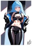  absurdres belt black_pants blue_hair collaboration cowboy_shot crop_top highres jacket kula_diamond leather leather_jacket leather_pants long_hair looking_at_viewer melissa_2.0 navel open_clothes open_jacket pants purple_eyes signature the_king_of_fighters zipper 