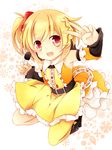  bad_id bad_pixiv_id belt blonde_hair bow detached_sleeves kagerou_project kisaragi_attention_(vocaloid) kisaragi_momo leeannpippisum looking_at_viewer microphone open_mouth red_eyes shoes short_hair side_ponytail single_thighhigh solo thighhighs v vocaloid yellow_legwear 