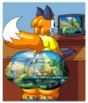 anthro big_butt bottomwear butt canid canine capcom clothing colored computer desk digital_drawing_(artwork) digital_media_(artwork) electronics eyewear fox furniture glasses huge_butt humor male mammal mega_man_(series) multicolored_body rgb_keyboard shaded shorts solo table thick_thighs video_games volfen_(volfenf) volfenf