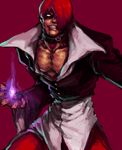  blood collar fire hair_over_one_eye injury king_of_fighters looking_at_viewer male male_focus muscle purple_fire red_hair red_pants scarlet_desires scarletdesires short_hair snk solo standing the_king_of_fighters white_eyes yagami_iori 