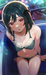  1girl black_hair blush bow bow_bra bow_panties bra breasts commentary_request covered_nipples flying_sweatdrops green_bra green_panties hair_ribbon highres lace-trimmed_bra lace-trimmed_panties lace_trim light_frown looking_at_viewer love_live! love_live!_nijigasaki_high_school_idol_club medium_hair mifune_shioriko nervous open_mouth panties red_eyes ribbon shiitake_taishi small_breasts solo underwear underwear_only wavy_mouth 