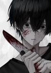  1boy absurdres akanei6no_sora black_eyes black_hair black_shirt blood blood_on_face blood_on_hands blood_on_knife crying crying_with_eyes_open earrings empty_eyes grey_background guro hair_between_eyes highres holding holding_knife jewelry kitchen_knife knife looking_ahead male_focus original pale_skin parted_lips portrait shirt short_hair solo stud_earrings tearing_up tears white_background 