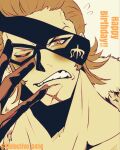  1boy blush close-up commentary_request detective_0414 eye_mask fur_collar gloves happy_birthday highres looking_at_viewer male_focus neck one_eye_closed one_piece orange_theme scar scar_on_face short_hair sideburns simple_background solo sweatdrop twitter_username x_drake 