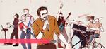  avengers band black_hair brown_hair bruce_banner chive clint_barton drum facial_hair guitar instrument keyboard_(instrument) marvel microphone multiple_boys mustache steve_rogers sunglasses thor_(marvel) tony_stark 