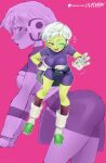  1boy 1girl bodysuit breasts cheelai colored_skin dragon_ball dragon_ball_super dragon_ball_super_broly flytrapxx gloves green_skin highres looking_at_viewer medium_breasts open_mouth purple_bodysuit purple_eyes short_hair simple_background skinny smile solo white_gloves white_hair 