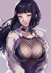  1girl artist_name black_bra black_hair bra breasts collarbone duplicate fishnet_top fishnets grey_background grey_eyes headband_around_neck hood hood_down hooded_jacket hyuuga_hinata jacket large_breasts looking_at_viewer miss_faves multicolored_clothes multicolored_jacket naruto_(series) naruto_shippuuden open_clothes open_jacket purple_jacket simple_background solo two-tone_jacket underwear upper_body white_jacket zipper zipper_pull_tab 