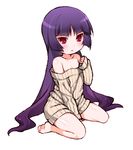  bad_id bad_pixiv_id bare_shoulders barefoot blush hizuki_akira lowres naked_sweater natsume_(pokemon) pokemon purple_hair red_eyes ribbed_sweater sitting solo sweater wariza 