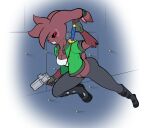 action_pose anthro black_sclera boots brown_body brown_fur bullet clothing diamond_(fours) female footwear fours_(artist) freckles fur gun handgun hi_res jacket lagomorph leporid looking_angry mammal melee_weapon pose rabbit ranged_weapon red_eyes revolver solo spats sword topwear weapon