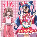  :o apron back_bow blue_bow blue_hair bow brooch brown_eyes brown_hair cone_hair_bun cosplay cowboy_shot cure_precious cure_precious_(cosplay) curly_sidelocks delicious_party_precure double_bun dress earrings elbow_gloves flower flying_sweatdrops glasses gloves go!_princess_precure grey-framed_eyewear hair_bow hair_bun hair_flower hair_ornament hairband heart heart_brooch heart_earrings jewelry kome-kome_(precure) large_bow legs_together long_hair looking_at_another magical_girl medium_hair nagomi_yui name_connection nanase_yui onomekaman open_mouth pink_background pink_bow pink_dress pink_hairband pink_skirt plaid plaid_background precure purple_eyes skirt sparkle standing surprised sweatdrop two_side_up white_apron white_gloves 