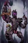 absurdres bionicle blue_eyes english_commentary glowing glowing_eye glowing_eyes highres humanoid_robot liquid looking_at_viewer okli pink_eyes purple_eyes robot solo teridax the_lego_group 