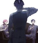  absurdres arm_behind_head chamuring couch cup from_behind haitani_ran haitani_rindou hand_on_own_neck highres holding holding_cup laughing looking_at_another male_focus multicolored_hair multiple_boys necktie pants pink_hair purple_eyes purple_hair purple_suit red_necktie sanzu_haruchiyo suit surprised tokyo_revengers two-tone_hair vest wide-eyed wolf_cut 