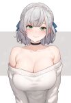  1girl absurdres black_choker bluefield braid breasts choker cleavage closed_mouth crown_braid green_eyes grey_background grey_hair hashtag_only_commentary highres hololive large_breasts looking_at_viewer mole mole_on_breast off-shoulder_sweater off_shoulder official_alternate_costume official_alternate_hairstyle shirogane_noel shirogane_noel_(casual) simple_background smile solo sweater two-tone_background upper_body virtual_youtuber white_background white_sweater 