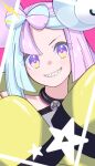  1girl blue_hair bow-shaped_hair character_hair_ornament eyelashes hair_ornament highres iono_(pokemon) jacket kana_(kanna_runa0620) long_hair long_sleeves looking_at_viewer multicolored_hair pink_eyes pink_hair pokemon pokemon_sv sharp_teeth sleeves_past_fingers sleeves_past_wrists smile solo star_(symbol) teeth two-tone_hair wide_sleeves yellow_jacket 