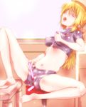  anal ass barefoot blonde_hair bow breasts cameltoe charlotte_dunois closed_eyes clothed_masturbation covered_nipples dildo hair_bow infinite_stratos long_hair masturbation medium_breasts midriff mine_(peak) open_mouth pilot_suit ponytail see-through self_fondle solo sweat thighhighs vibrator 