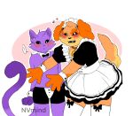 2024 anthro blush blush_lines bow_tie canid canine canis catnap_(poppy_playtime) clothed clothed_anthro clothing covering_chest critters_(poppy_playtime) dogday_(poppy_playtime) domestic_cat domestic_dog dress_up duo exclamation_point fangs felid feline felis flustered fur hi_res jewelry maid_apron maid_headdress maid_uniform male male/male mammal nvmind orange_body orange_fur partially_clothed partially_clothed_anthro piercing poppy_playtime purple_body purple_fur raised_tail smiling_critters speech_bubble tail teeth uniform