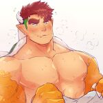  1boy bara blush bowser claws closed_mouth collarbone furry furry_male grey_background highres horns humanization large_pectorals light_smile male_focus mario_(series) muscular muscular_male nipples pectorals pointy_ears red_eyes red_hair short_hair simple_background solo sweatdrop thick_eyebrows undercut yowasabimechaoc 