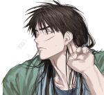  1boy absurdres black_eyes black_hair chamuring frown green_jacket highres itou_kaiji jacket kaiji long_hair looking_to_the_side male_focus portrait scar scar_on_hand thick_eyebrows white_background 